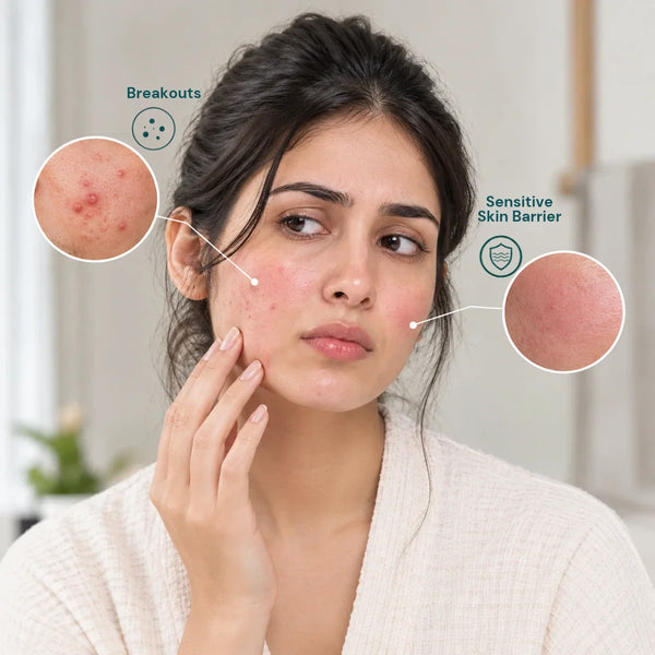 Woman with acne and sensitive skin showing cheek redness and breakouts.