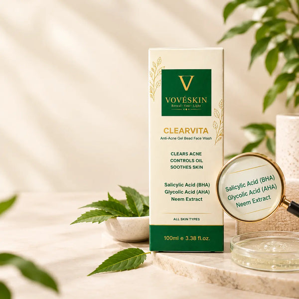 Clearvita BHA face wash packaging with magnifying glass highlighting salicylic acid ingredients