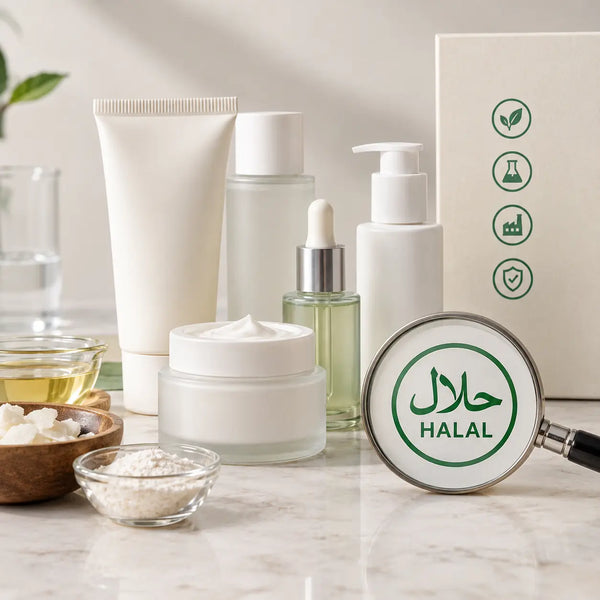 Halal skincare products with certification seal and ingredient samples.