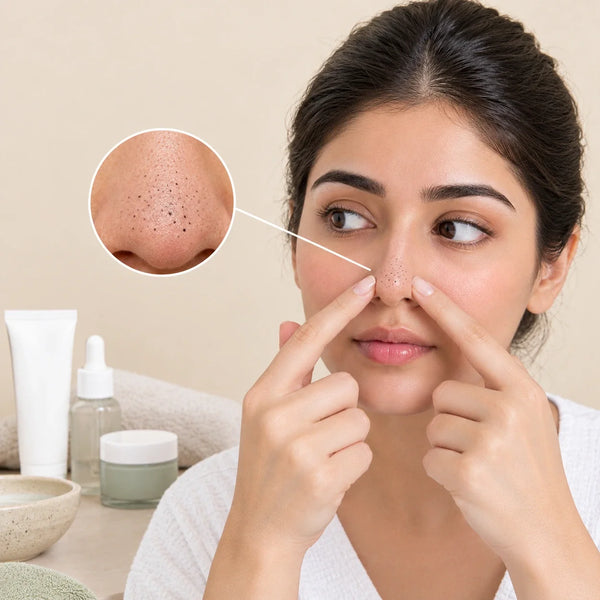 Blackheads on the nose and enlarged view of clogged pores.