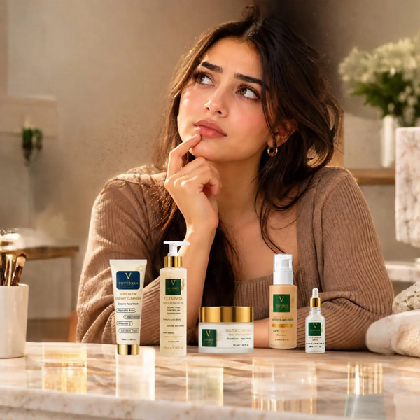 A woman deciding which skincare products to use first