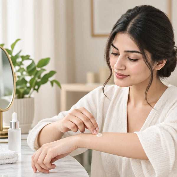 A women showing Patch Test of a New Skincare Product 