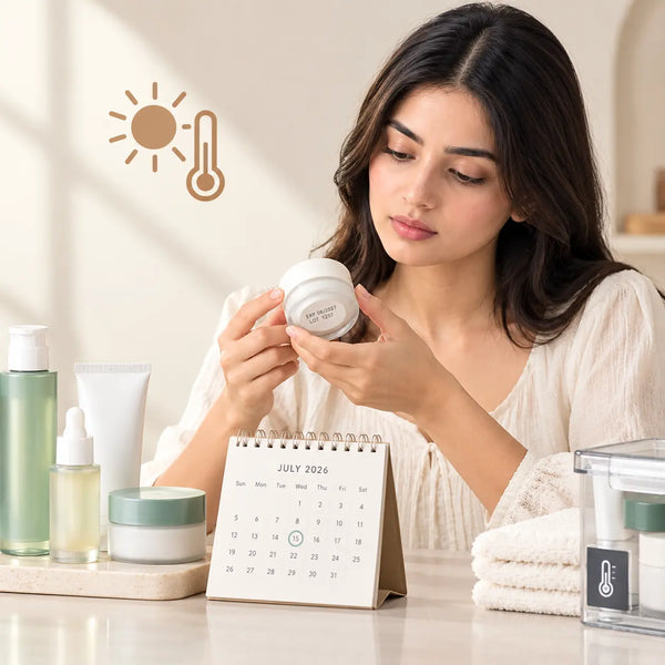 A young women is checking expiry dates of skincare products 