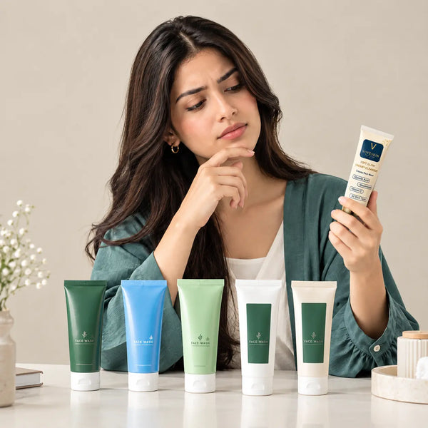 A women is thinking how to chose a right facewash for her skin