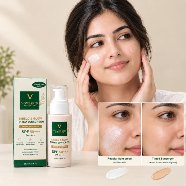Tinted sunscreen vs regular sunscreen showing the difference in finish on skin