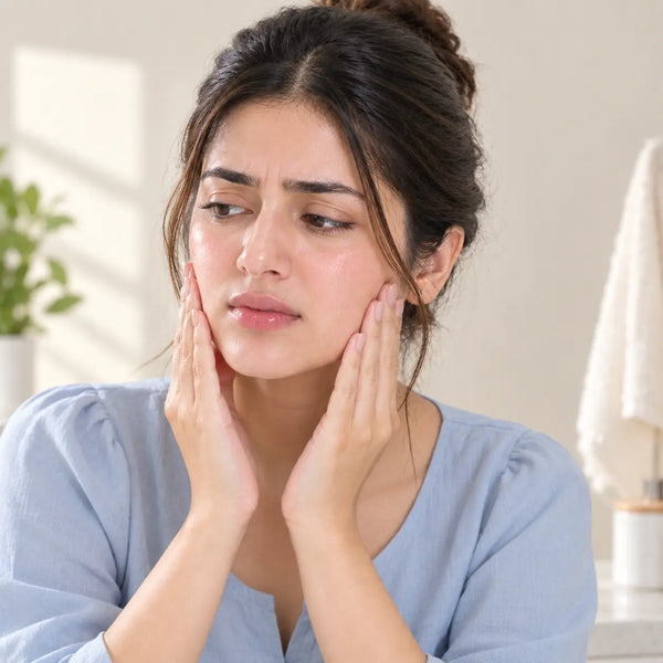 Woman with a concerned expression touching her face after washing, illustrating tight, dry-feeling skin.