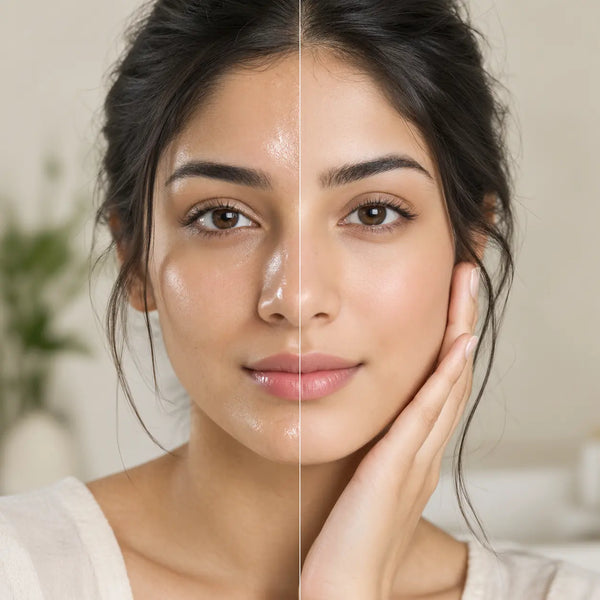 Woman with oily skin on one side and balanced skin on the other