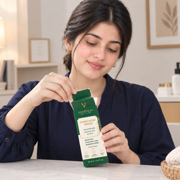 A women in navy blue dress is unboxing Hydro Glow serum.