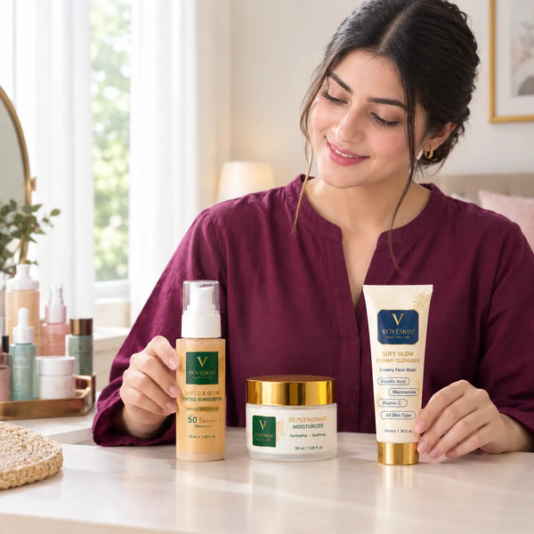 Woman simplifying her skincare routine by choosing three essential products: cleanser, moisturizer, and sunscreen.