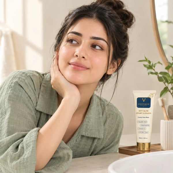 Young woman with fresh, dewy skin following a simple skincare routine in a bright bathroom