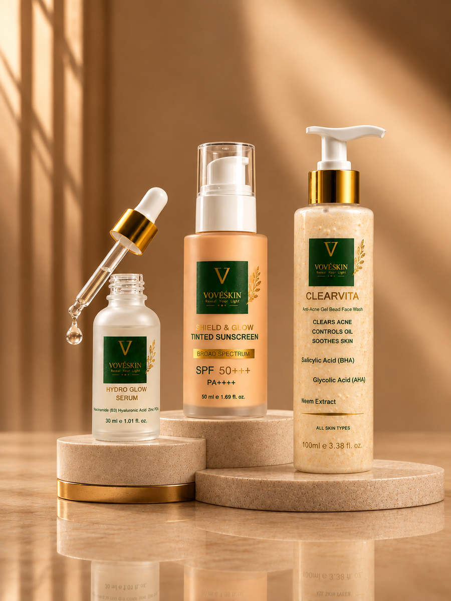 Clear Skin Day & Night Set featuring three VOVÉ SKIN skincare products.