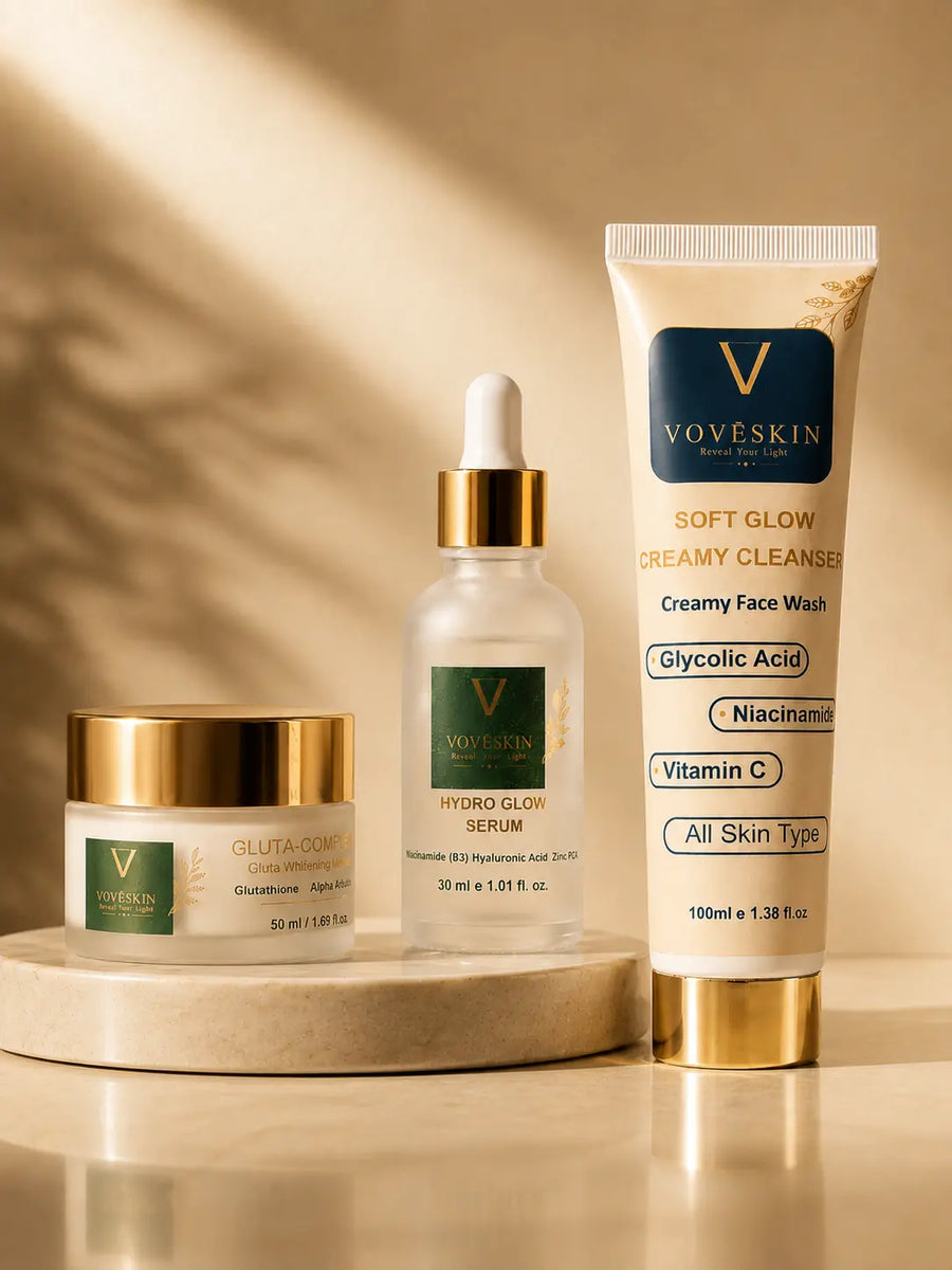 A Gluta complex cream, hydro glow serum and a soft glow facewash are placed together.