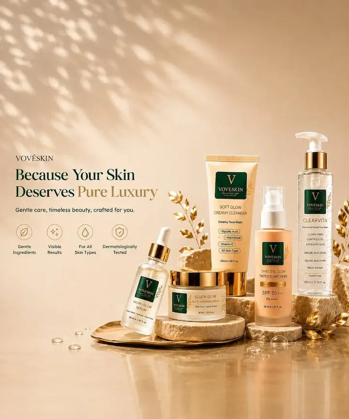 Vovkesin skincare set arranged on a reflective beige surface with decorative gold leaves and shadows. 