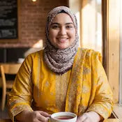 A woman wearing a mustard yellow embroidered kurta and a patterned beige hijab, smiling while holding a cup of coffee in a warm, cozy cafe setting.