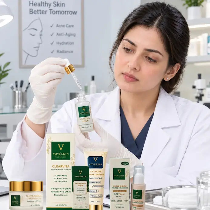 A woman in a white lab coat and glove holds a dropper over a Voveskin skincare product line, with multiple Voveskin bottles, jars, and boxes arranged in front of her on a white surface.