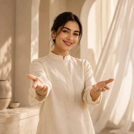 Smiling woman in a white kurta welcoming you to VOVÉSKIN skincare